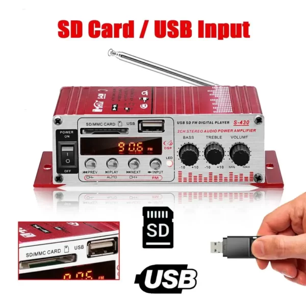 MINI amplificator auto, stereo, 12V, 40 W, radio FM, citire USB sau card SD, cu telecomanda-Airmax