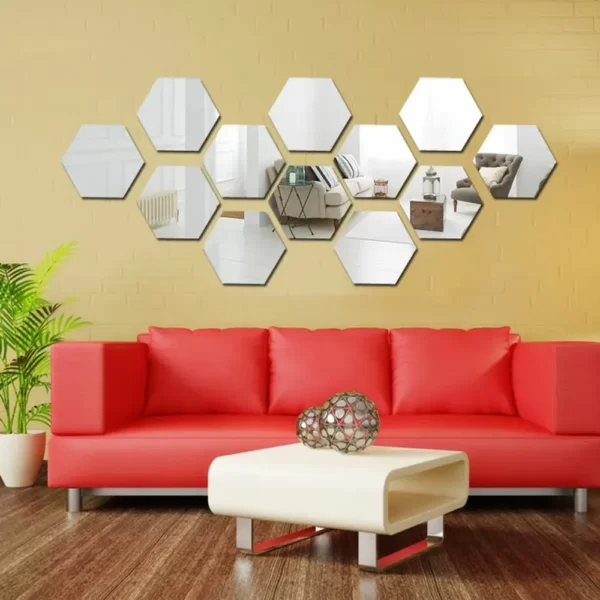 Set 12 panouri autocolante hexagonale oglinda de perete, model Ambiance Mirror, dimensiuni 15,5 x 17,5 cm-Airmax