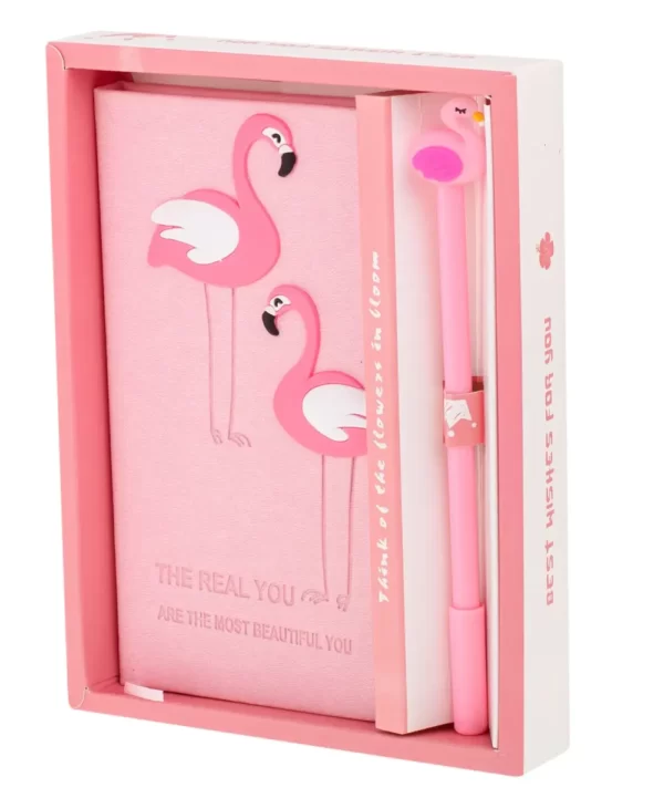 Set Cadou pentru Copii, Caiet cu Flamingo finisat cu piele ecologica + Pix cu Flamingo-Airmax