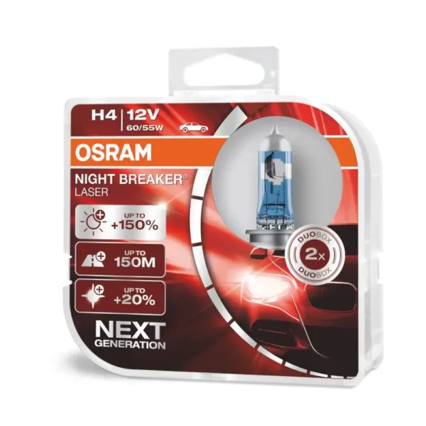 Set 2 becuri auto cu halogen Osram H4 12V 60/55W P43t Night Breaker Laser +150%-Airmax