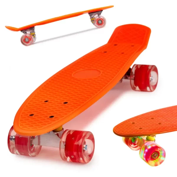 Skateboard Penny Board pentru copii cu roti din cauciuc, iluminate LED, culoare Orange-Airmax